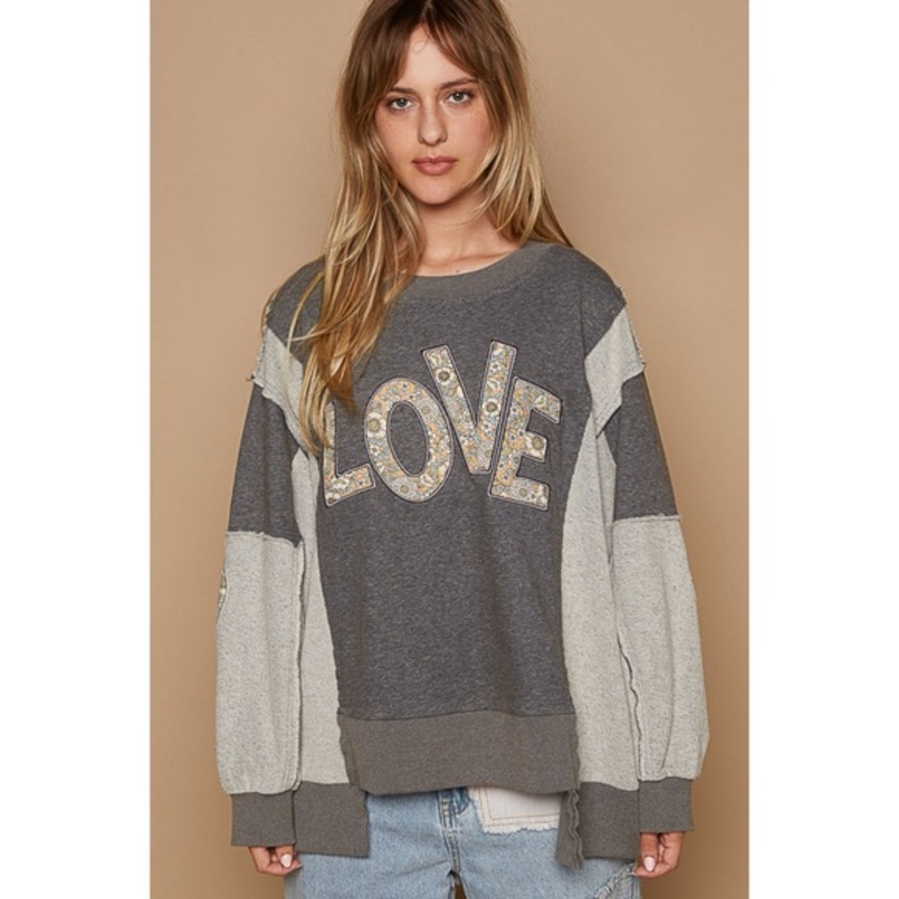 POL Charcoal Grey Graphic Sweatshirt | French Terry Color Block LOVE Pullover - Picture 1 of 6